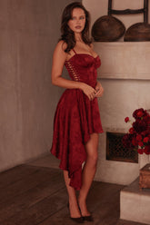 Wine Jacquard Satin Draped Mini Dress