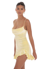 Velvet Ruffled Slit Dress in Yellow