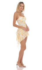 Tulip Mesh Tassel Dress in Yellow and White