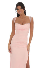 Suede Draped Lace Maxi Dress in Pink