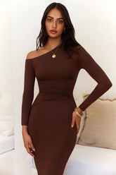 Winter Goddess Off Shoulder Long Sleeve Maxi Dress Brown