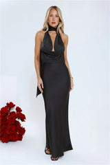 VIP Energy Satin Halter Maxi Dress Black