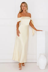 The Hype Off Shoulder Satin Midi Dress Yellow