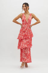 Veda Strappy Back Ruffle Midi Dress Floral Red