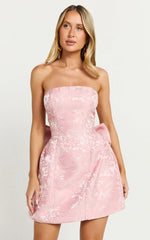Wynn Mini Dress Strapless Ribbon Back Detail Dress in Pink