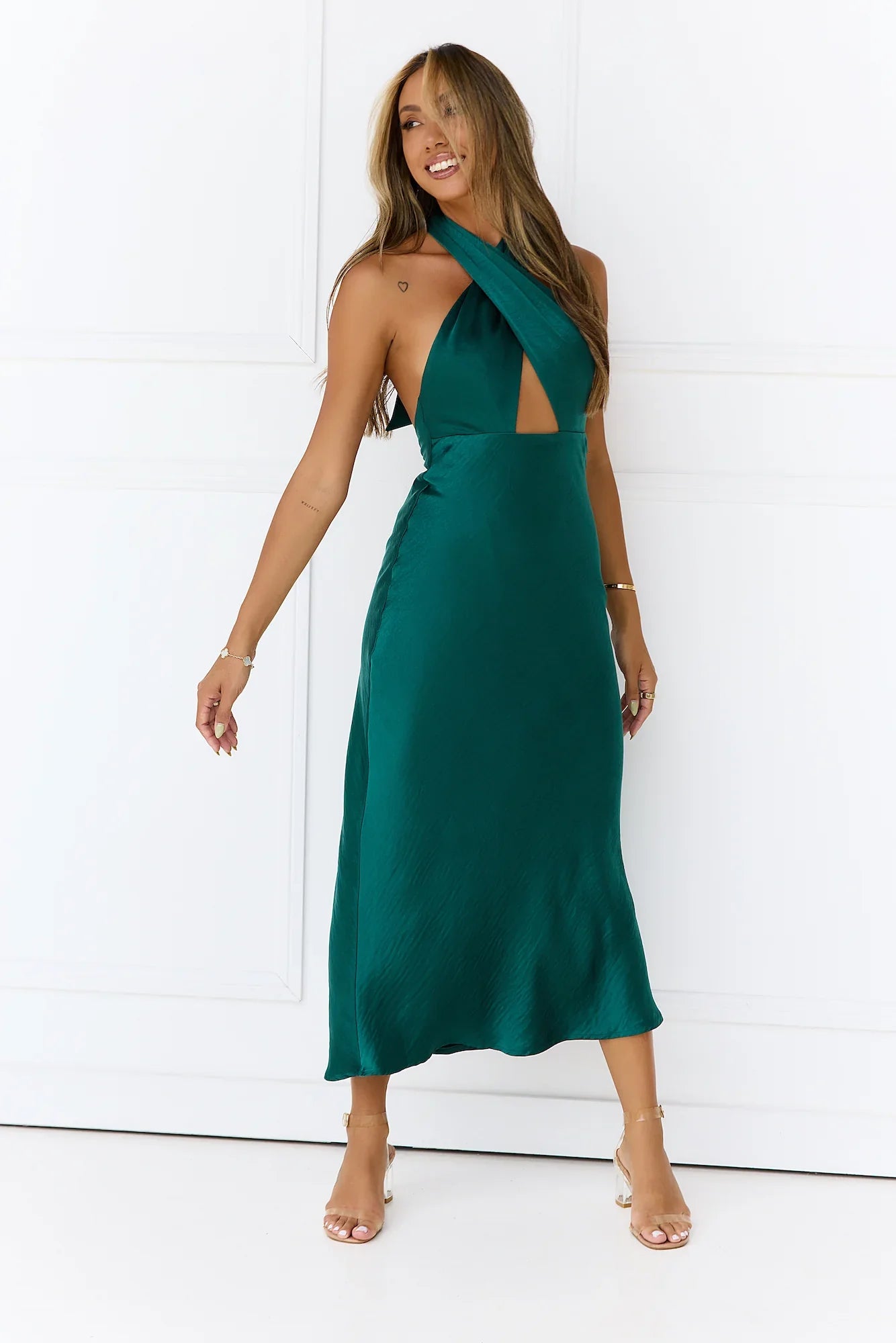 Twilight Glow Satin Halter Midi Dress Green