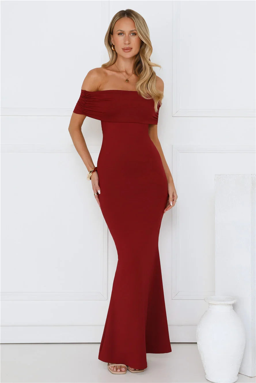 Vibe On Point Off Shoulder Maxi Dress Wine