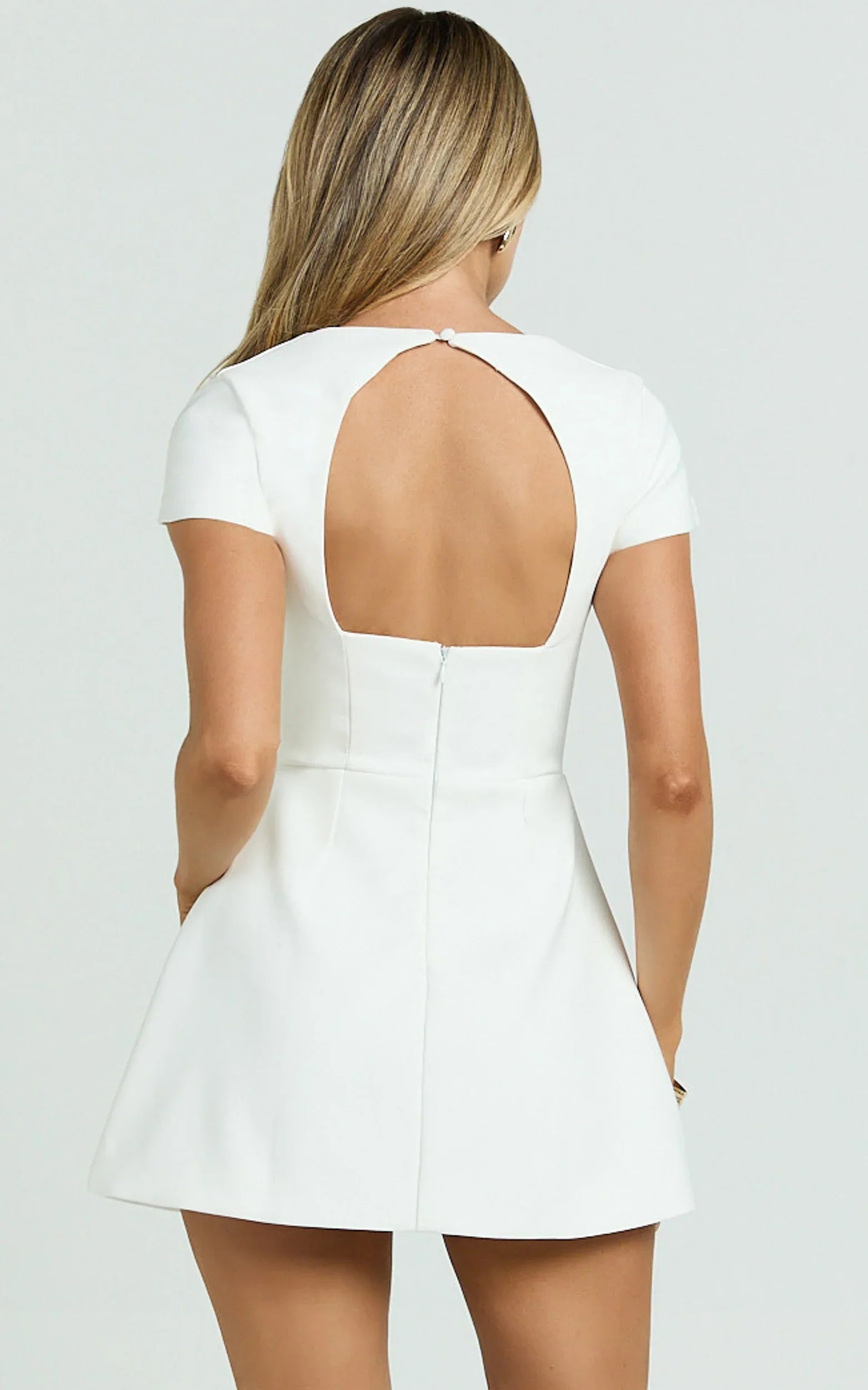 Yuna Mini Dress Cap Sleeve Open Back Fit And Flare Tulip Dress in White
