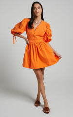 Zandra Mini Dress - Puff Sleeve Poplin Dress in Orange
