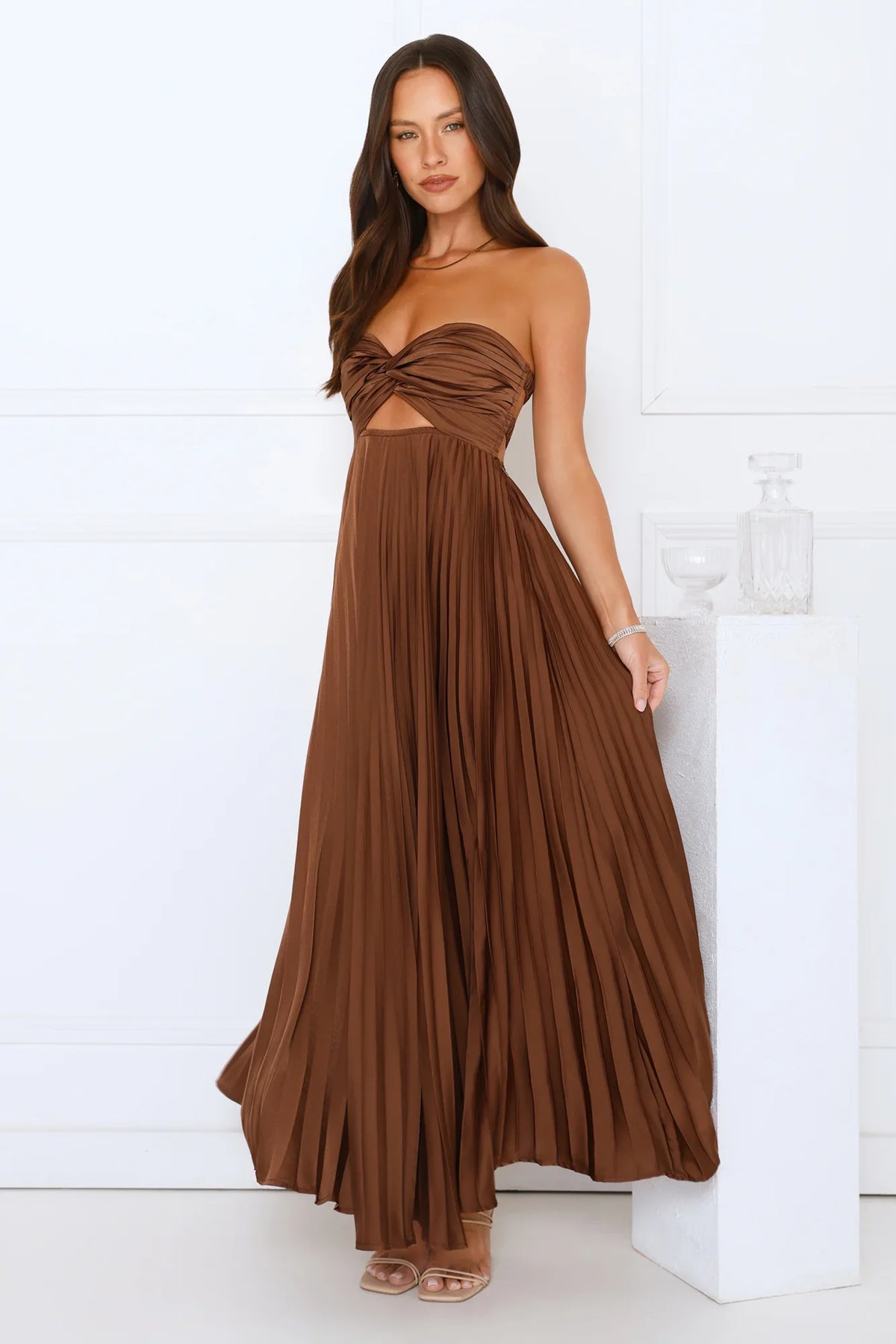 Vibes Are Priceless Strapless Satin Pleated Maxi Dress Brown