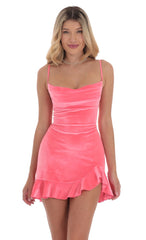 Velvet Ruffled Slit Dress in Coral