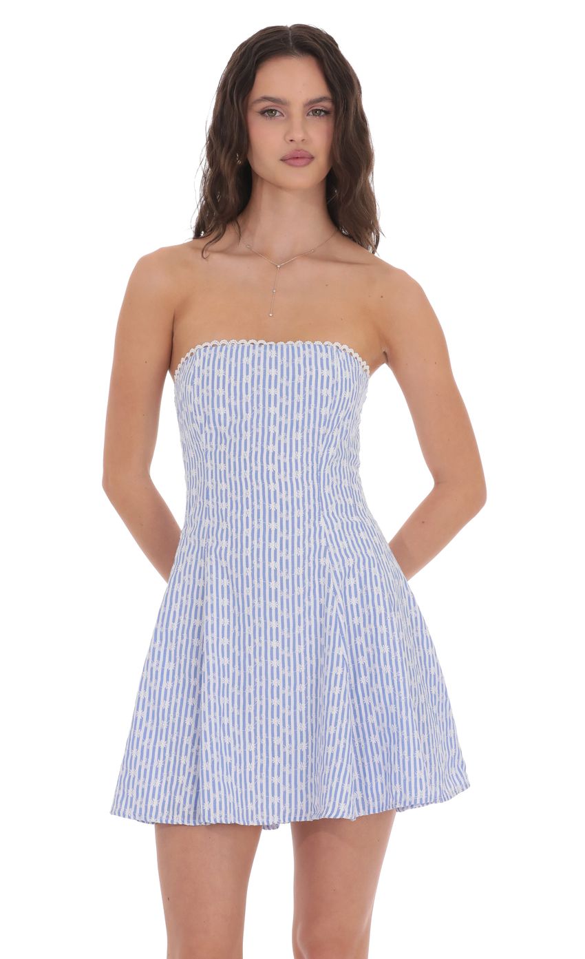 Striped Floral Strapless Dress in Blue and White