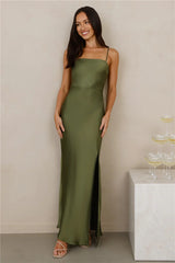 The Violetta Satin Maxi Dress Olive